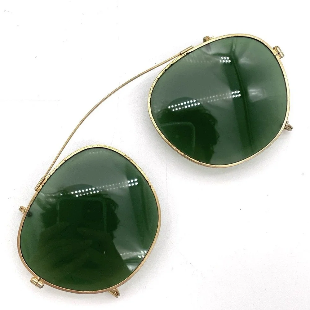 VTG 10K Gold Filled Round Wire Rim Eyeglasses w/ Clip-On Green Sunglasses & Case